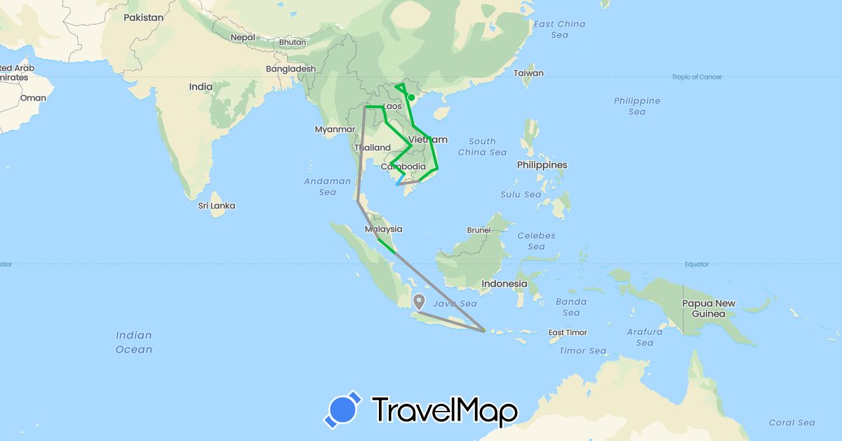 TravelMap itinerary: driving, bus, plane, boat, electric vehicle in Indonesia, Cambodia, Laos, Malaysia, Singapore, Thailand, Vietnam (Asia)